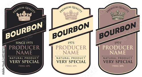Set of vector labels for bourbon in the figured frame with crowns and inscriptions in retro style. Premium quality, very special alcoholic beverage collection