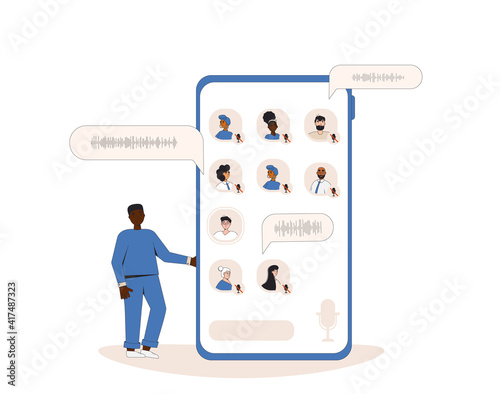 Online conference with different people. Social media networking app. Audio chat. Talking with friends with woice and phone.