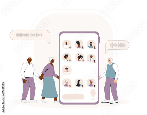 Online conference with different people. Social media networking app. Audio chat. Talking with friends with woice and phone.