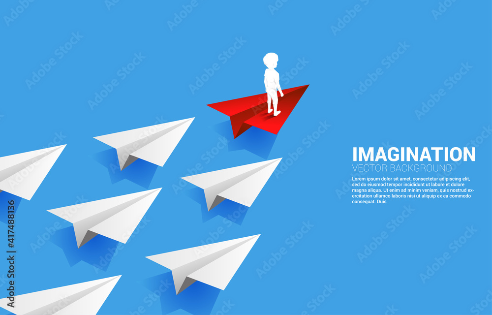 Silhouette of businesswoman standing on red origami paper airplane leading group of white. Concept of children imagination and education. Silhouette of businesswoman standing on red origami paper airplane leading group of white. Concept of children imagination and education.