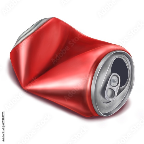 Red damaged bottle isolated on white background. Metal bottle of lemonade or energy drink. Hand-drawn illustration