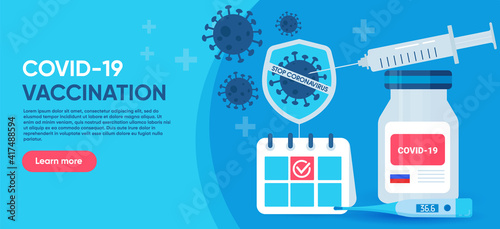 Russian sign covid - 19 vaccine with a syringe. On a blue background. The concept of planning vaccines