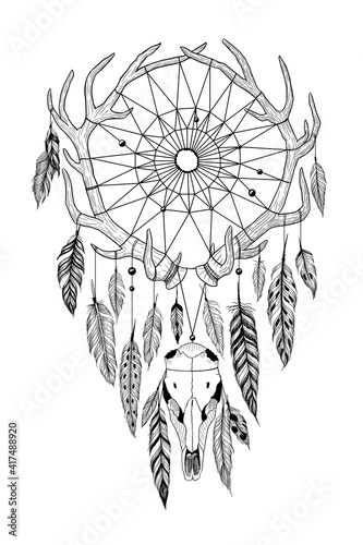 Detailed mystical dreamcatcher made of antlers with deer's skull.