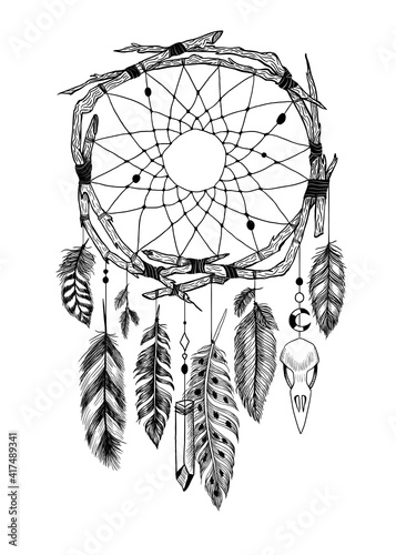 Detailed mystical dreamcatcher made of branches with a crow's skull.