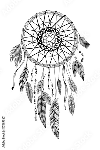 Detailed dreamcatcher with "sun" ornament. 