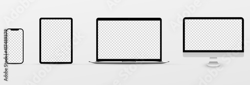 Screen vector mockup. Mockup of phone, laptop, smartphone, monitor with blank screen. PNG.