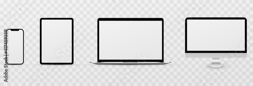 Screen vector mockup. Mockup of phone, laptop, smartphone, monitor with blank screen. PNG.
