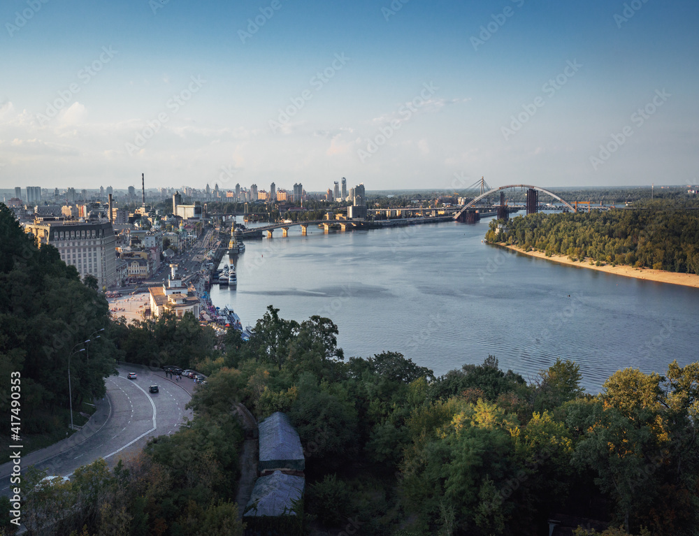 Aerial view of Kyiv Embankment and Dnieper River with Kyiv bridges on background - Kiev, Ukraine