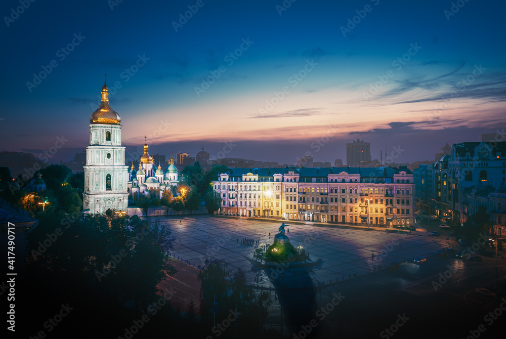 Aerial view of Sofiyivska Square and St Sophia Cathedral illuminated at night - Kiev, Ukraine