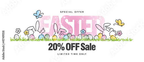 Special offer Sale 20% off. Easter white background with butterfly, rabbit and spring flowers colorful eggs in a pattern of green grass