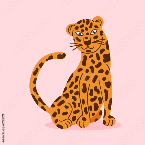 Leopard sitting illustration on pink background. Exotic jungle animal