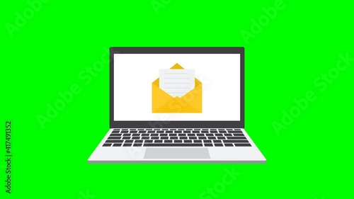 mail flat animation . email icon envelope on laptop green background video footage, 4K	
