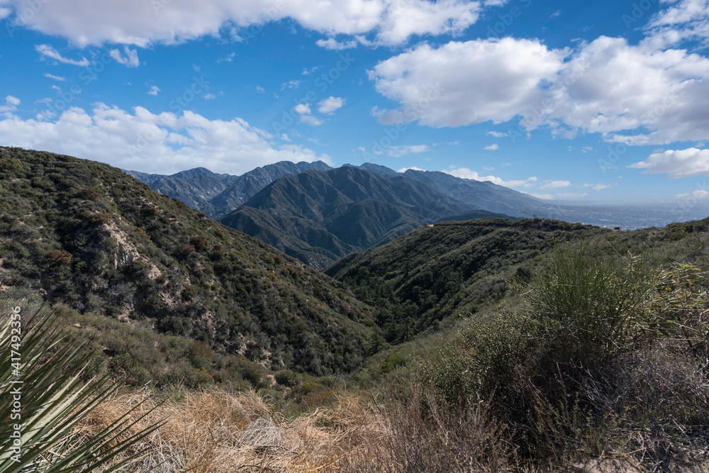 View towards Mt Wilson from Mt Lukens Truck Trail fire road in the San Gabriel Mountains near Los Angeles and La Canada California. View towards Mt Wilson from Mt Lukens Truck Trail fire road in the San Gabriel Mountains near Los Angeles and La Canada California.