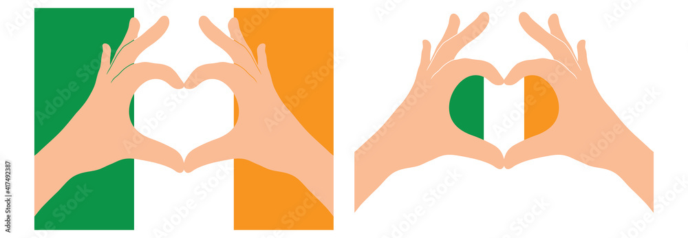Ireland   flag. Two hands in the form of a heart with flag of Ireland  
