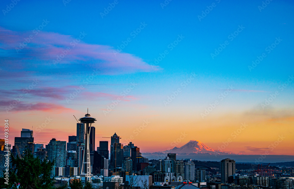 Obraz premium Seattle Skyline sunset in February