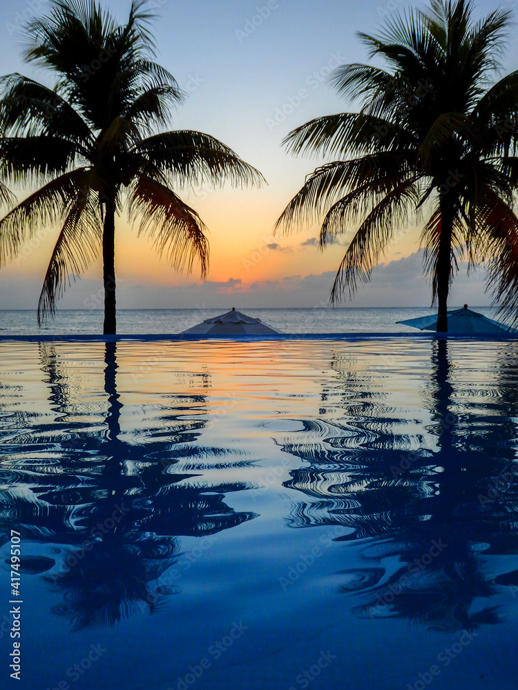 Caribbean, Honduras, Roatan. Infinity pool surrounded by palm trees after sunset.