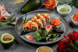 Sushi Roll with salmon tuna avocado royal prawn cream cheese Philadelphia caviar tobica chuka. Sushi menu. Japanese food
