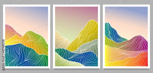 creative minimalist modern line art print. Abstract mountain contemporary aesthetic backgrounds landscapes. with mountain, sea, skyline, wave on set. vector illustrations