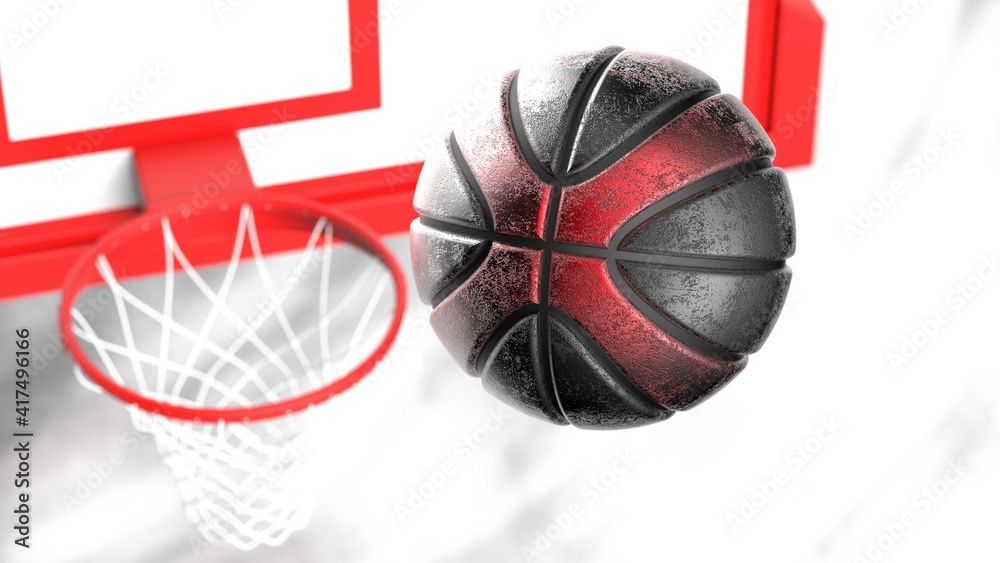 Obraz premium Scratched Metallic Black-Red Basketball and Basketball Goal Plate with dark brown toned foggy smoke background. 3D CG. 3D sketch design and illustration. 3D high quality rendering.