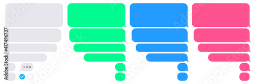 Phone bubbles sms empty set. Isolated chat app bubble on white background. Conversation composer for smartphone interface. Flat UI design in gray, blue, green, pink message. Vector illustration.