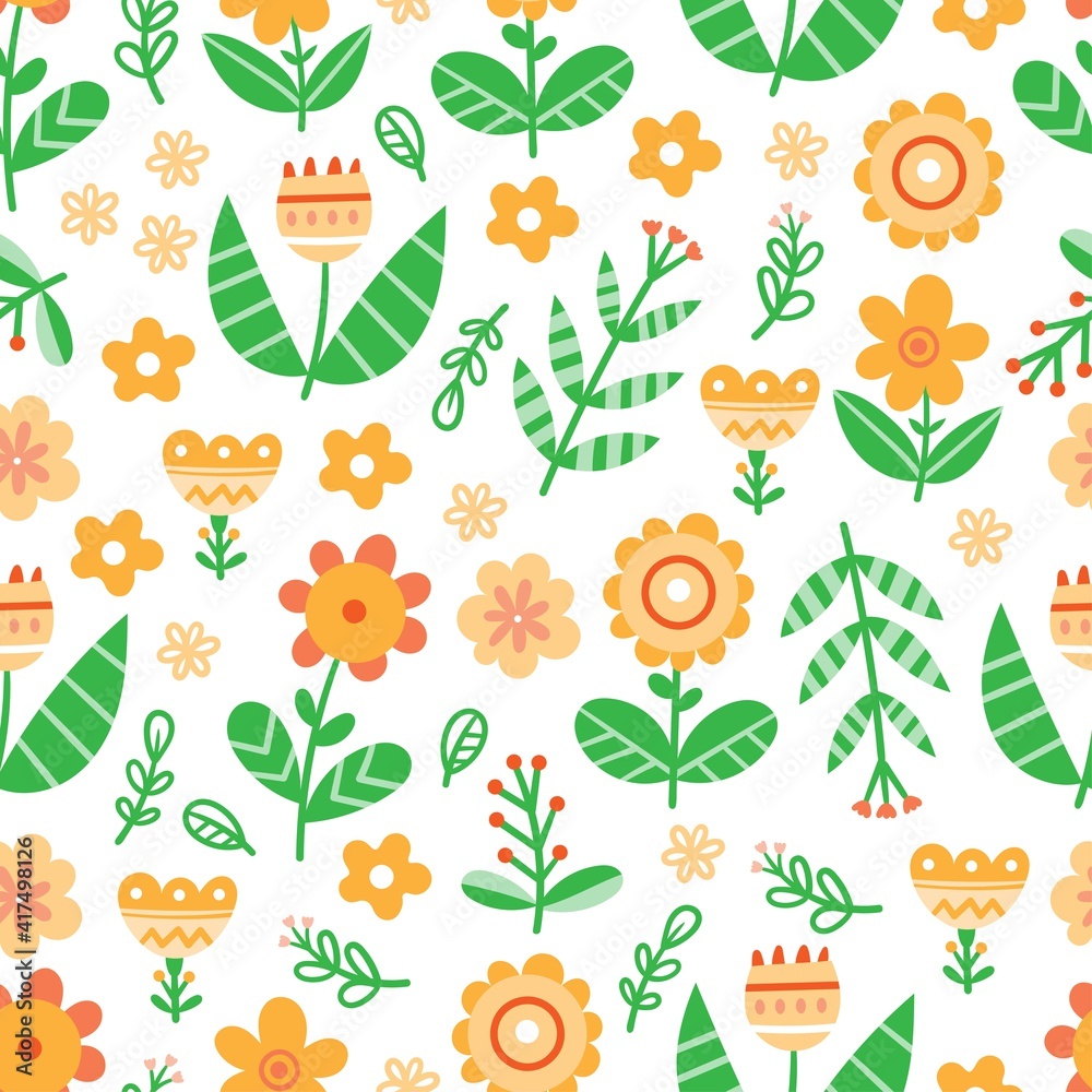 Seamless pattern with different plants and  flowers on  white background. Vector print with herbs. Botanical doodle wallpaper.