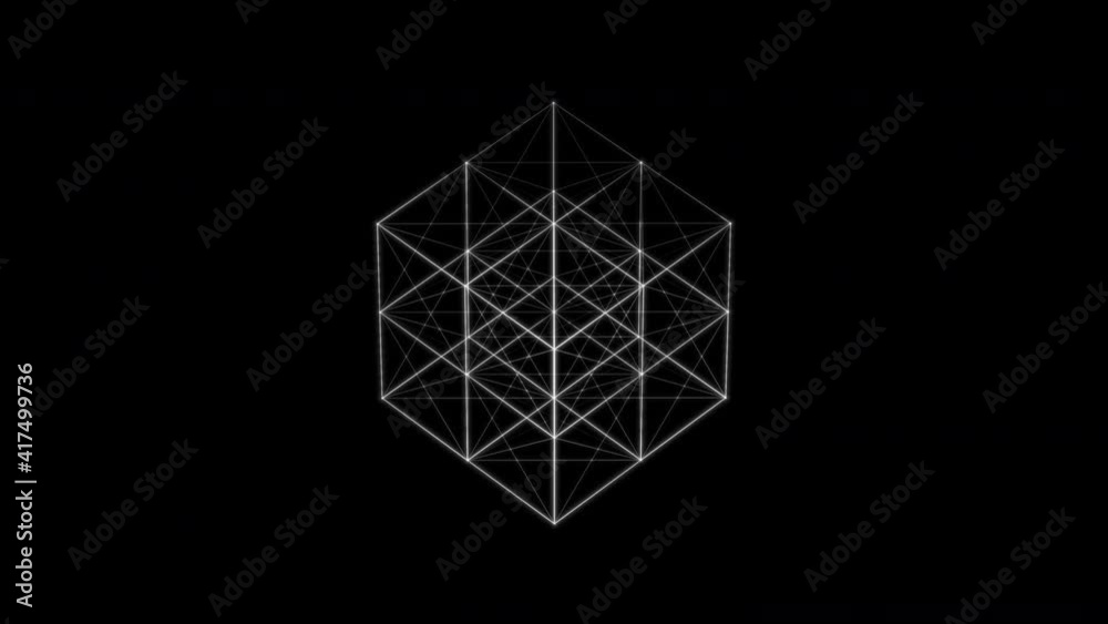 Rotating glowing cube HUD FUI element. Plexus style connecting lines and dots. Seamless loop
