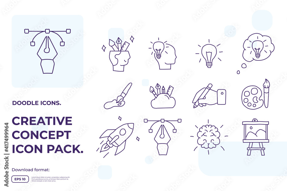 creativity related doodle icon concept with brain symbol. Creative design, idea, Inspiration, brainstorming, startup and think vector illustration