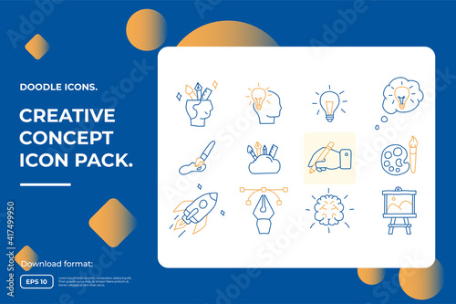 creativity related doodle icon concept with brain symbol. Creative design, idea, Inspiration, brainstorming, startup and think stroke line vector illustration photo