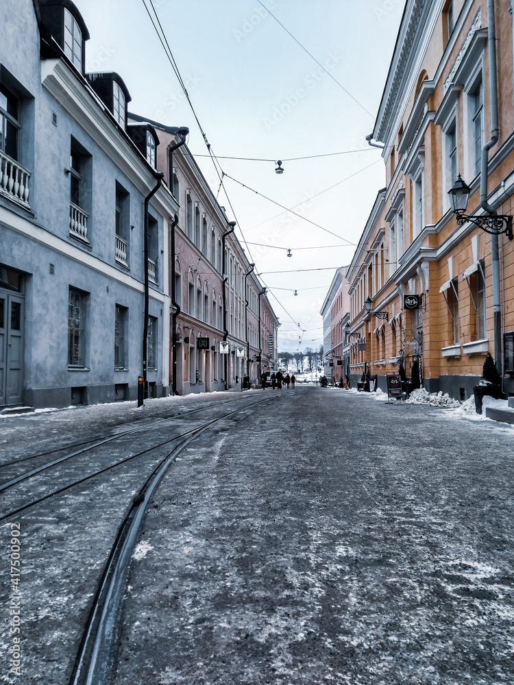 Helsinki street rails winter colourful houses Helsinki street rails winter colourful houses