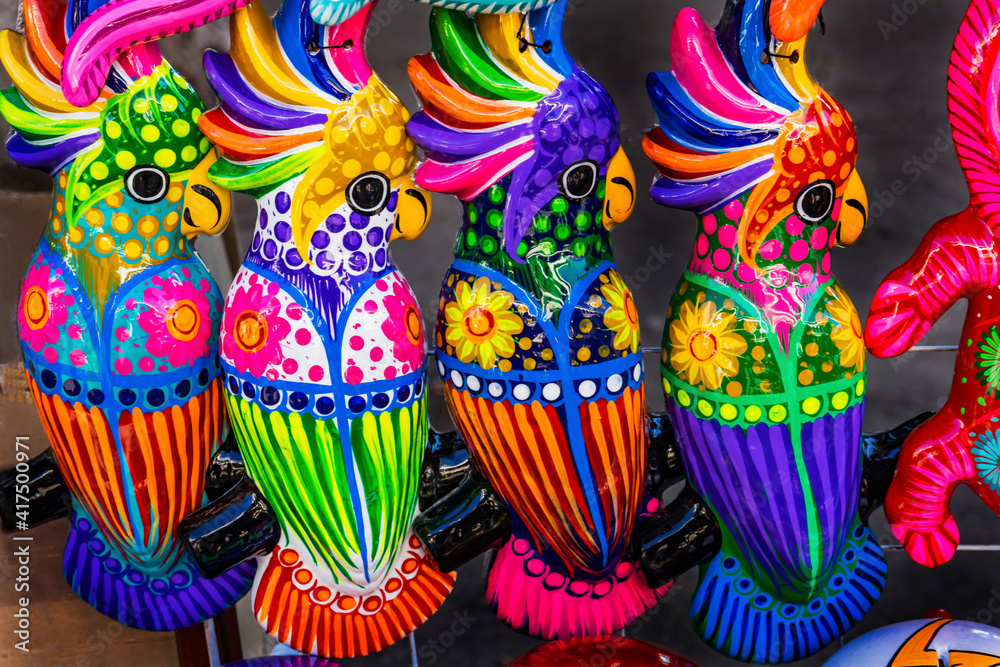 Colorful ceramic parrots, Oaxaca, Juarez, Mexico.