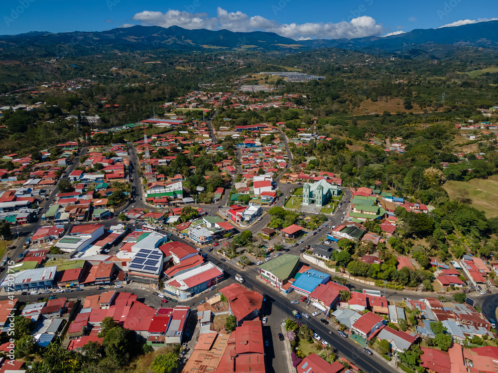 Beautiful aerial view of the church, park and town of Sarchi - Costa Rica