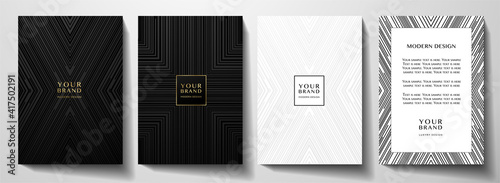 Modern black cover, frame design set. Luxury creative line pattern in premium colors: black, gold and white. Formal vector layout useful for notebook cover, business poster, brochure template