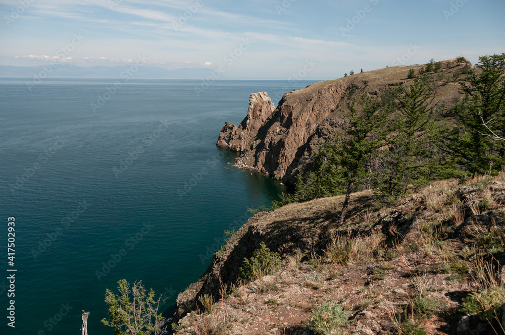 Coastline of Lake Baikal Cape Khoboy Olkhon island in Siberia Russia summer day