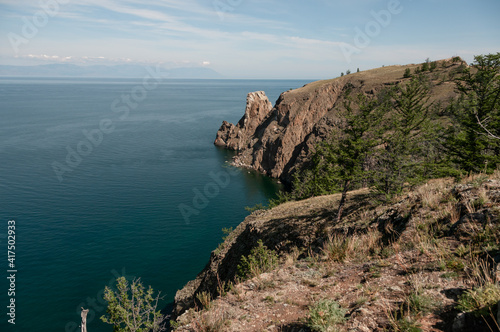 Coastline of Lake Baikal Cape Khoboy Olkhon island in Siberia Russia summer day