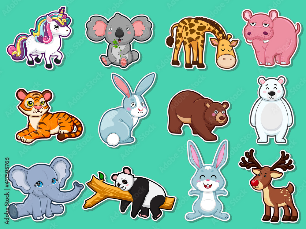 Obraz premium Collection character cute animals Stickers. Animal cartoon flat style. Vector illustration design template