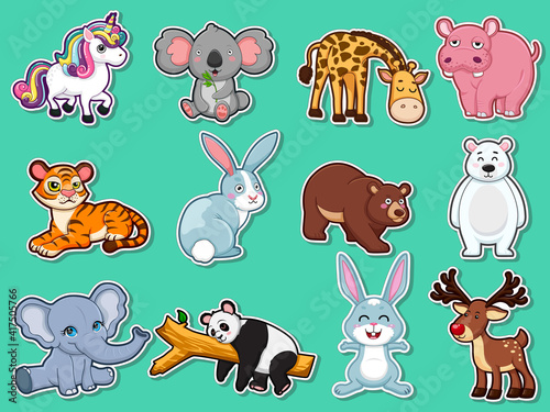 Collection character cute animals Stickers. Animal cartoon flat style. Vector illustration design template © eakdesign