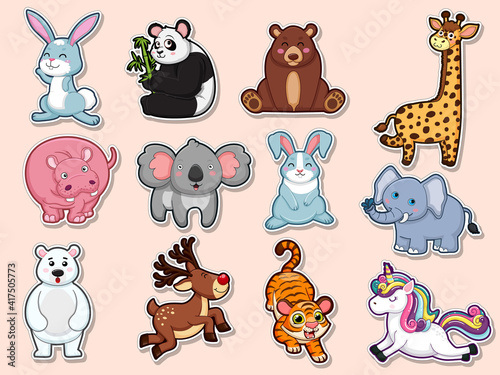 Collection character cute animals Stickers. Animal cartoon flat style. Vector illustration design template