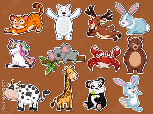 Collection character cute animals Stickers. Animal cartoon flat style. Vector illustration design template