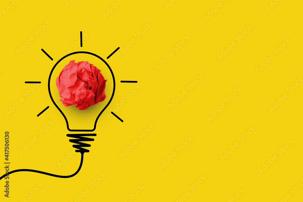 Creative thinking ideas and innovation concept. Paper scrap ball red colour  with light bulb symbol on yellow background Stock Photo | Adobe Stock