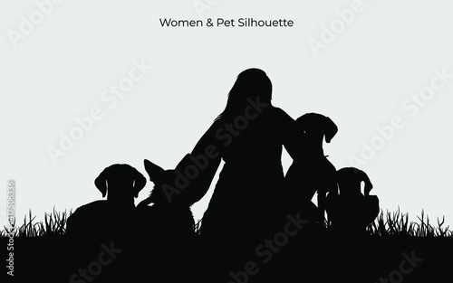 Pet care silhouette vector template. Pet lover concept. Women and dog. Eps 10. Isolated an object.