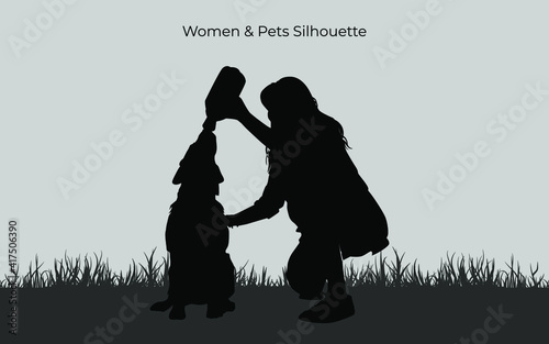 Pet care silhouette vector template. Pet lover concept. Women and dog. Eps 10. Isolated an object.