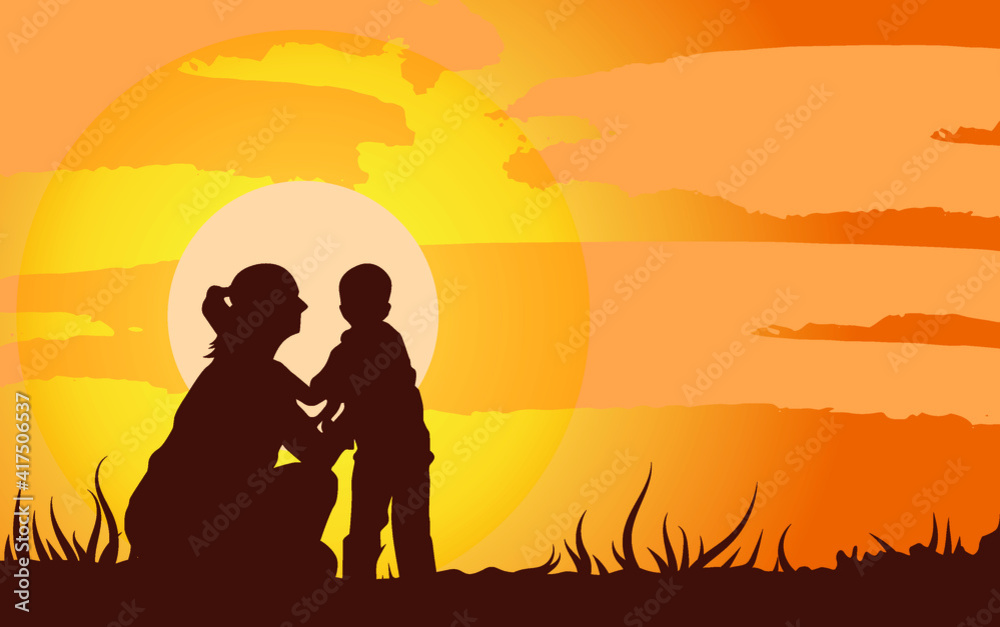 Mother and kid on sunset landscape view vector template. Love symbol. Eps 10.