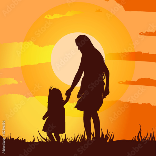 Mother and kid on sunset landscape view vector template. Love symbol. Eps 10.