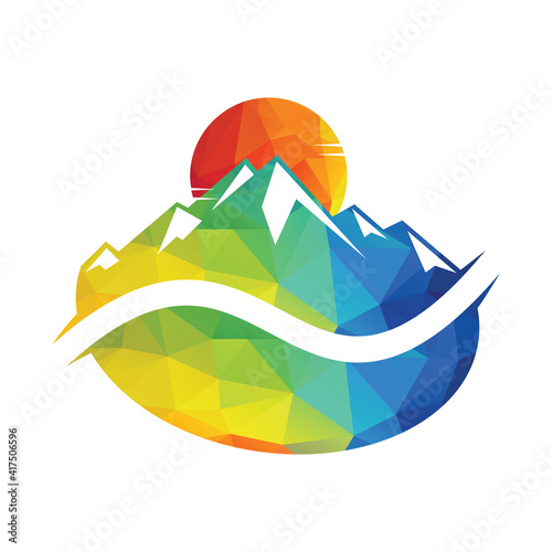 Mountain coffee bean logo vector design.  Mountain coffee with sunset view.