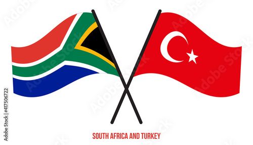 South Africa and Turkey Flags Crossed And Waving Flat Style. Official Proportion. Correct Colors.