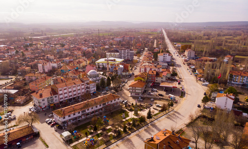Aerial view of typical Turkish small town Cavdarhisar of Kutahya Province on sunny winter day