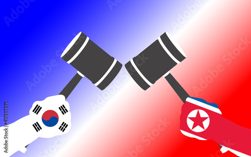 Conflict between South Korea and North Korea, governments conflict concept. Two boxing glove isolated on a white background. South and North Korea