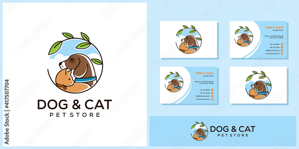 Vector Pet Shop logo design template. Modern animal icon label for store, veterinary clinic, hospital, shelter, business services. Flat illustration background with dog and cat.
