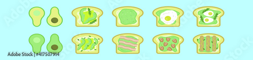 set of avocado toast food cartoon icon design template with various models. vector illustration isolated on blue background