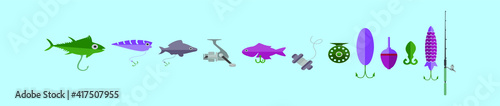 set of fishing tackle cartoon icon design template with various models. vector illustration isolated on blue background